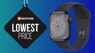 The Apple Watch Series 8 on a blue background with the text 'lowest price'.