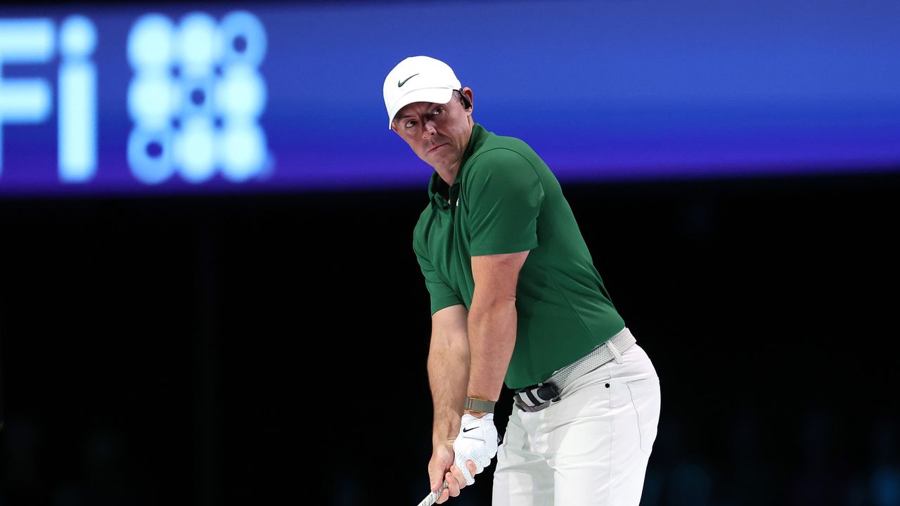 Rory McIlroy looks up at the giant TGL screen in week four