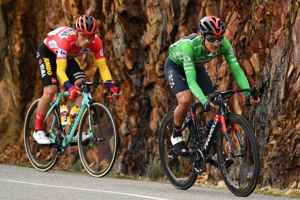 CIUDADRODRIGO SPAIN NOVEMBER 06 Primoz Roglic of Slovenia and Team Jumbo Visma Red Leader Jersey Richard Carapaz of Ecuador and Team INEOS Grenadiers Green Points Jersey during the 75th Tour of Spain 2020 Stage 16 a 162km stage from Salamanca to Ciudad Rodrigo lavuelta LaVuelta20 La Vuelta on November 06 2020 in Ciudad Rodrigo Spain Photo by David RamosGetty Images