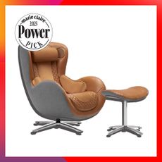 Caramel-colored massage chair with matching ottoman with the seal Marie Claire Power Pick