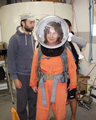 Annalea Beattie in her EVA spacesuit.