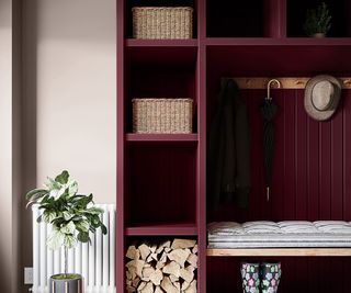 dark red hallway storage unit with padded seating