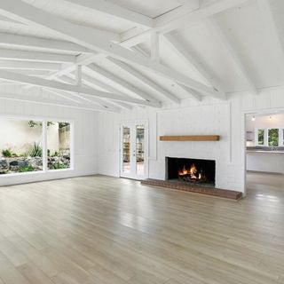house with white wall and fire place