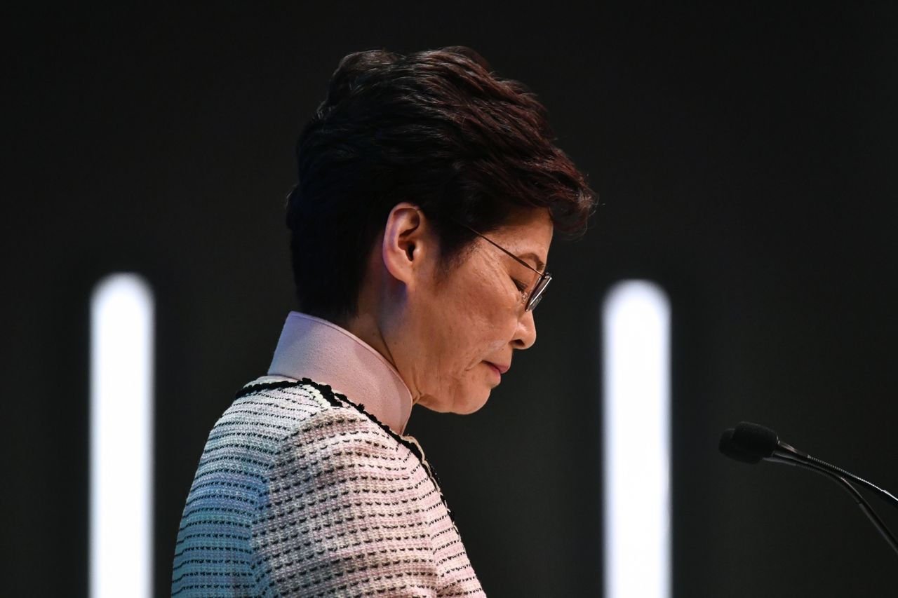 Hong Kong&amp;#039;s Chief Executive Carrie Lam speaks at a press conference in Hong Kong on October 16, 2019, after she tried twice to begin her annual policy address inside the city&amp;#039;s legislature. -