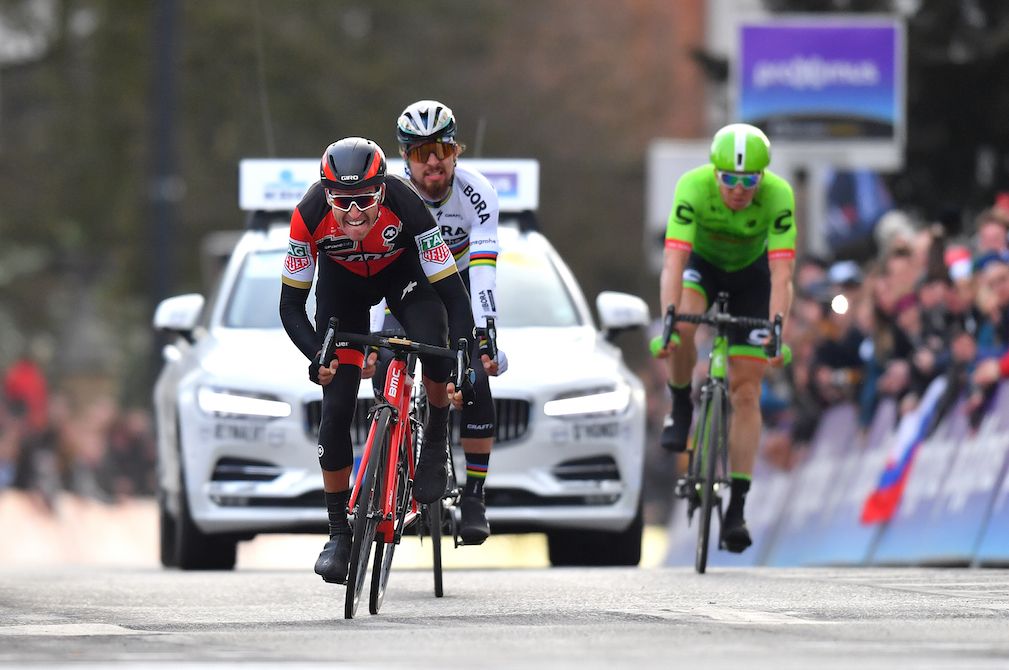 Greg Van Avermaet bests Peter Sagan and Sep Vanmarcke to win Omloop Het Nieuwsblad.