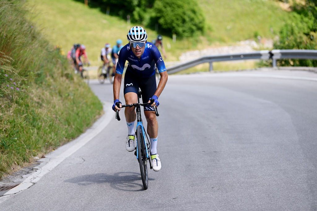 LEUKERBAD SWITZERLAND JUNE 14 Oier Lazkano of Spain and Movistar Team attacks in the chase group during the 86th Tour de Suisse 2023 Stage 4 a 1525km stage from Monthey to Leukerbad 1367m UCIWT on June 14 2023 in Leukerbad Switzerland Photo by Dario BelingheriGetty Images