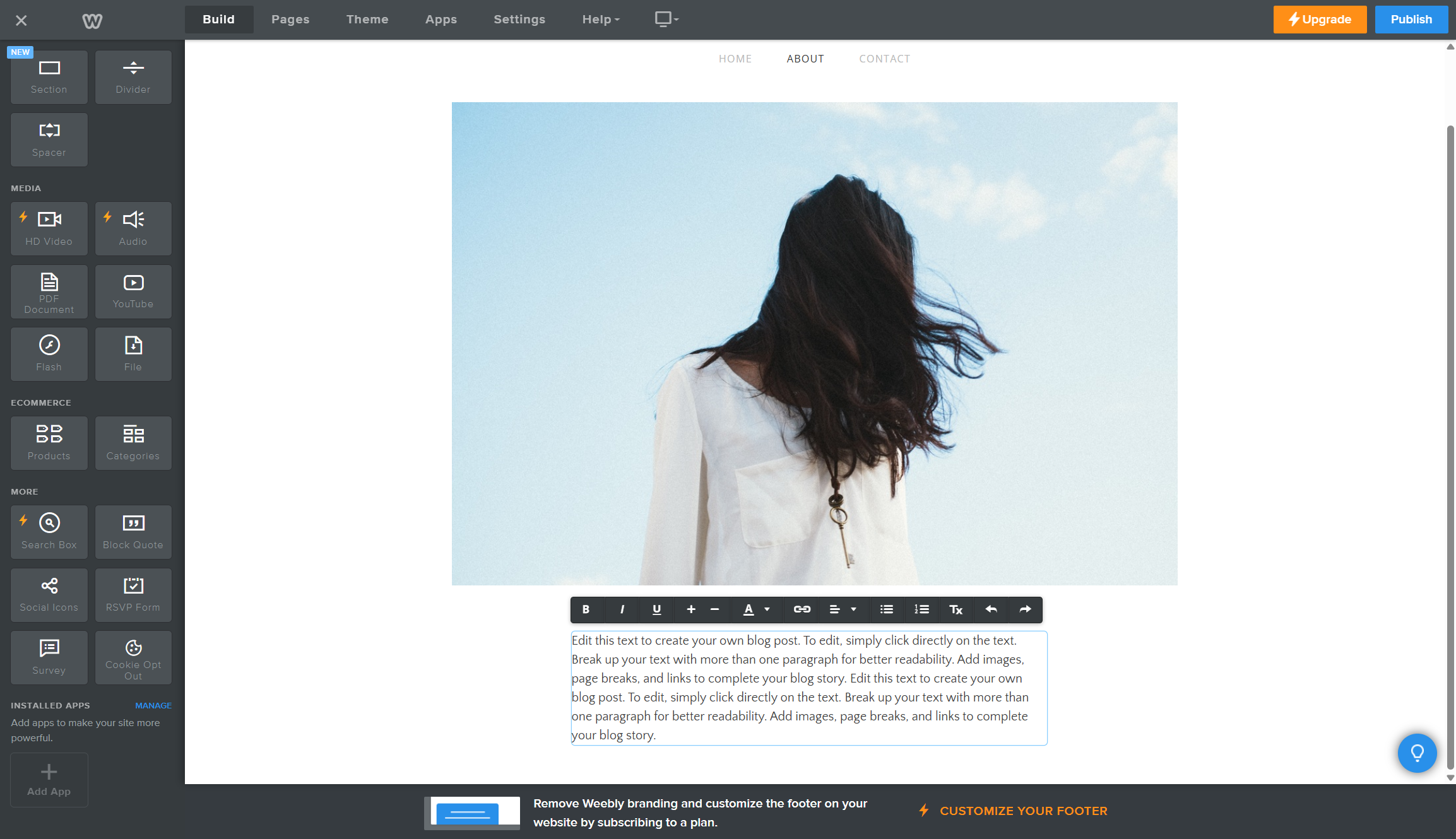 Screenshot of Weebly editor with some written content being edited on it.