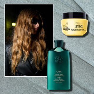 a woman with brown wavy hair and sunglasses on a slate green background with two bottles of leave-in conditioner