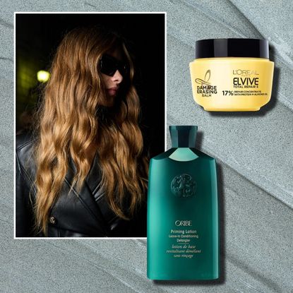 a woman with brown wavy hair and sunglasses on a slate green background with two bottles of leave-in conditioner