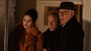 Left to right: amateur sleuths Mabel (Selena Gomez), Oliver (Martin Short), and Charles (Steve Martin), investigate a murder at the Arconia in Only Murders In the Building