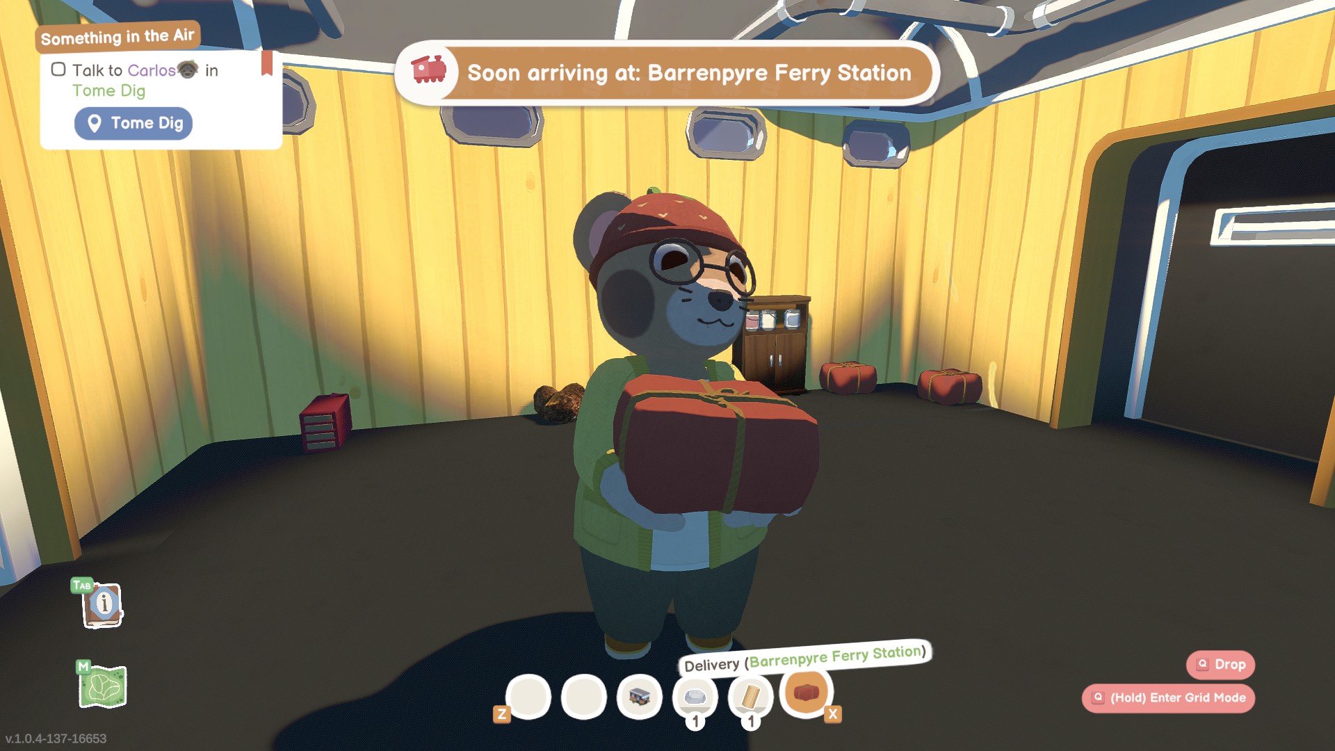 Locomoto screenshot of the bear conductor carrying a parcel to deliver out of the train