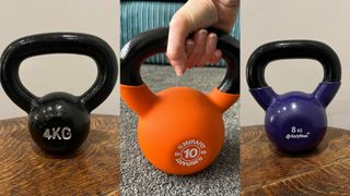 Amazon Basics Cast Iron Kettlebell sitting on a table during testing, along with Bodymax kettlebell. Mirafit kettlebell sitting on carpet with hand on handle