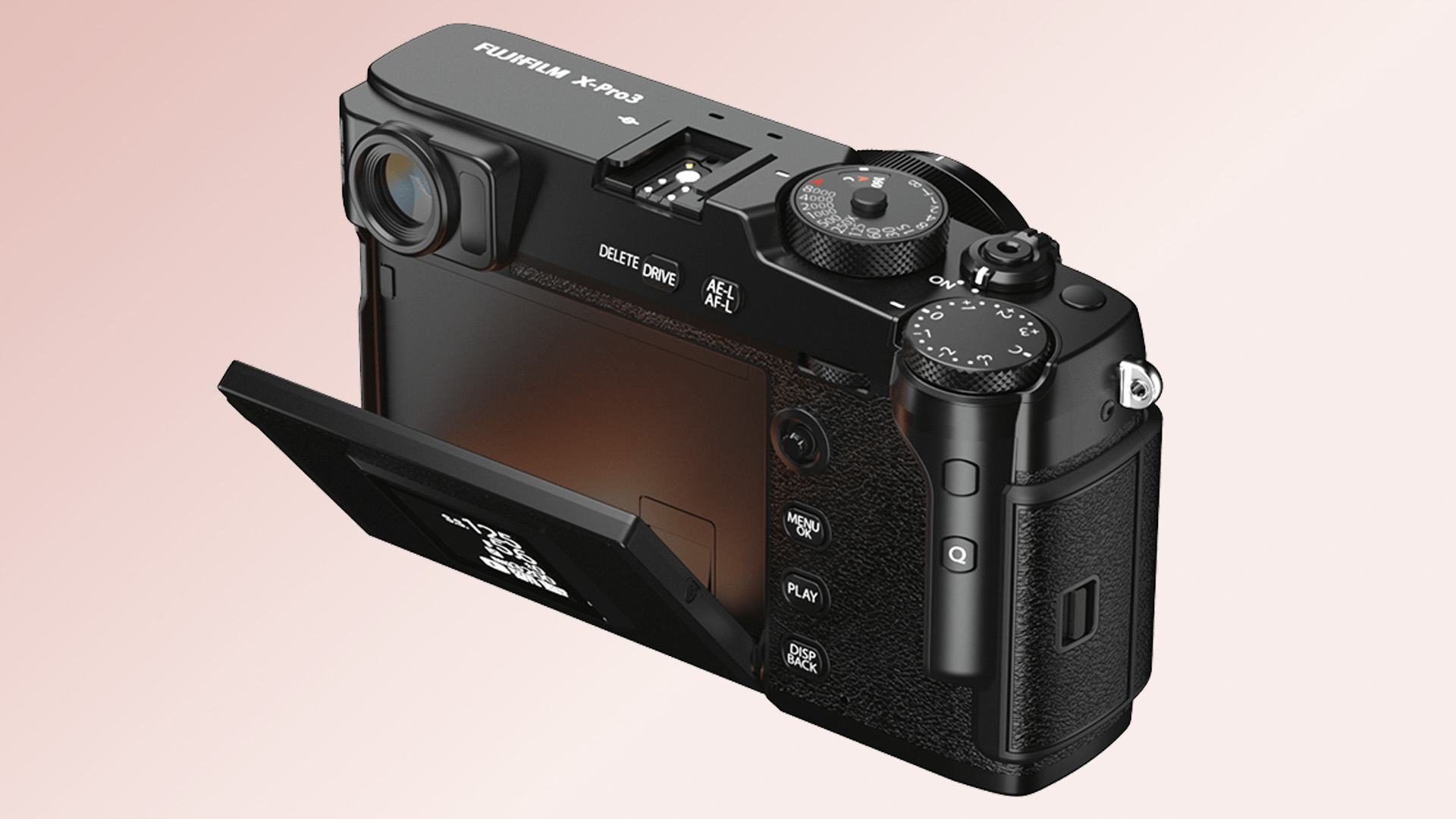 Сзади камеры Fujifilm X-Pro3 на оранжевом фоне