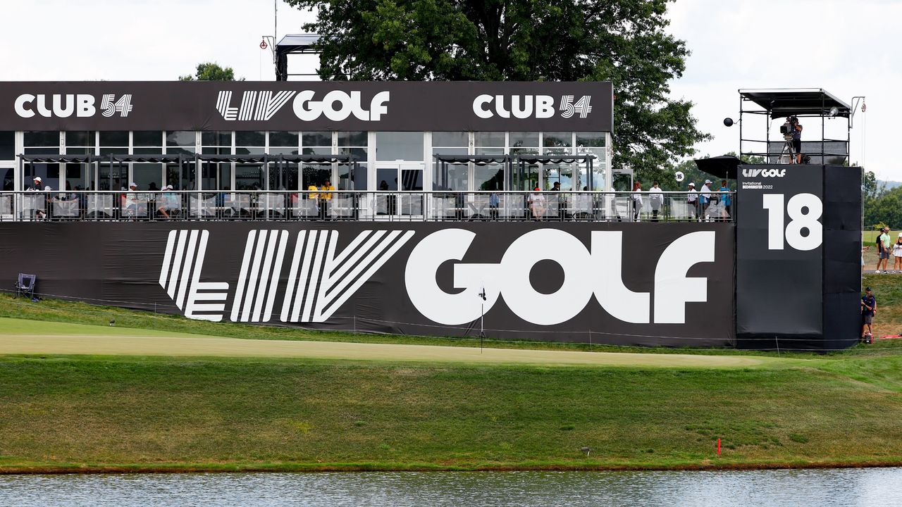 A general view of the 18th green the LIV Golf logo and Club 54 during the 3rd round of the LIV Golf Invitational Series Bedminster