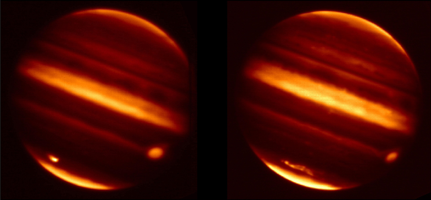 These images made by NASA&#039;s Infrared Telescope Facility in Mauna Kea, Hawaii, show particle debris in Jupiter&#039;s atmosphere (bright smudges at lower left) after an object hurtled into the atmosphere on July 19, 2009. The image at left was captured July 20,