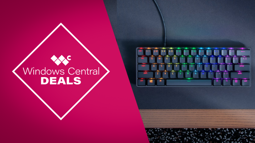 Razer Huntsman Mini 60% mechanical keyboard with RGB lighting, ideal for minimalist or smaller setups, shown in Windows Central Deals promotional banner.