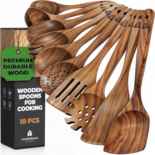 Wooden Spoons for Cooking &amp;ndash; 10 Pc Teak Wood Utensil Set, Durable, Nonstick Safe &amp;amp; Heat Resistant With Ergonomic Handles