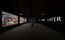 Image of multi-screen film installation with screens on the left and right, screens on the left read 'Two weeks later'