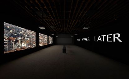 Image of multi-screen film installation with screens on the left and right, screens on the left read 'Two weeks later'