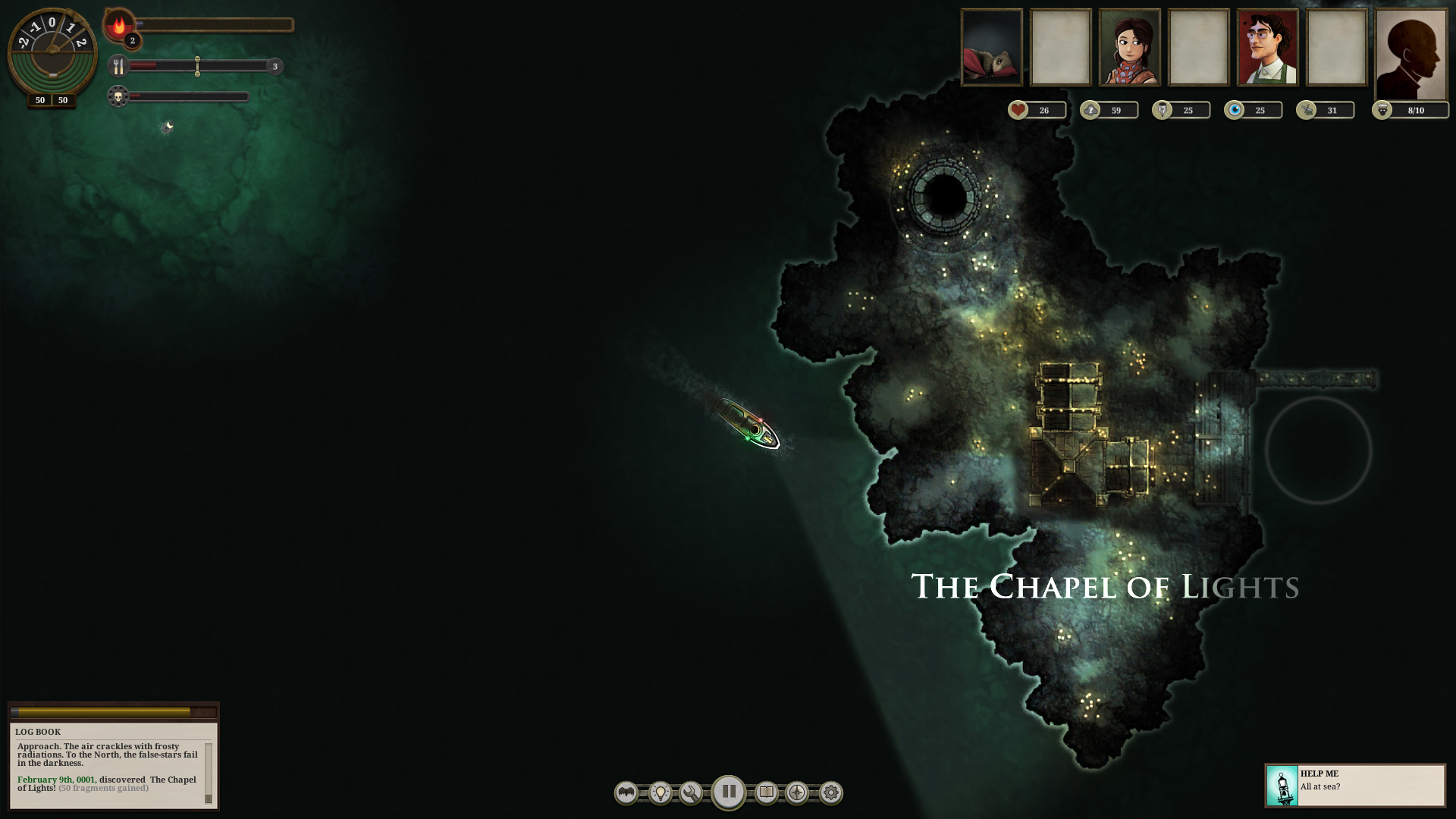 A ship approaching the shore of an island labelled The Chapel of Lights in Sunless Sea