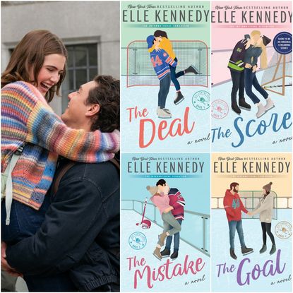 a split image of garrett lifting up hannah in the off campus tv show and the various covers from the book series 
