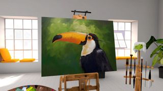 A toucan on a canvas in a white art studio