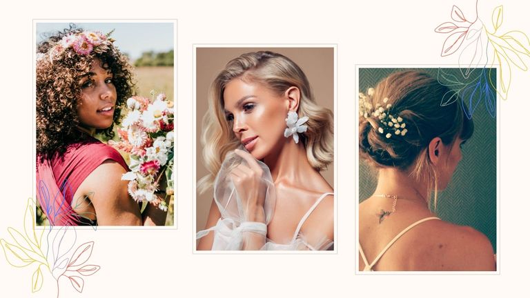 collage of three bridesmaids hairstyles to try, a flower crown, side parting glamorous wave and messy bun with flowers