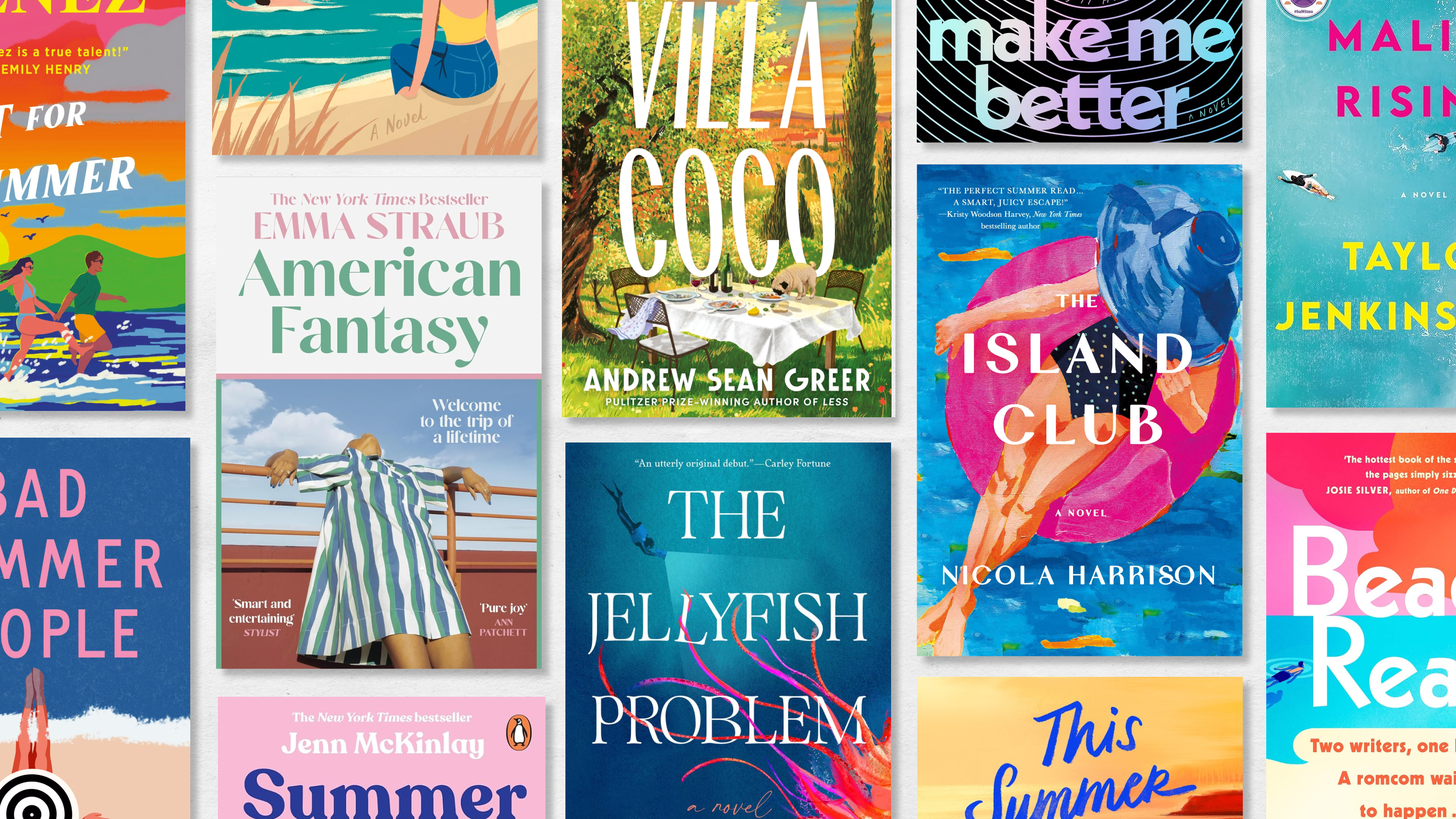 a collage of book covers of the best summer beach reads of 2026 including american fantasy the villa coco and more