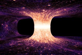 Graphic illustration of a wormhole "tunnel" between the fabric of space-time.