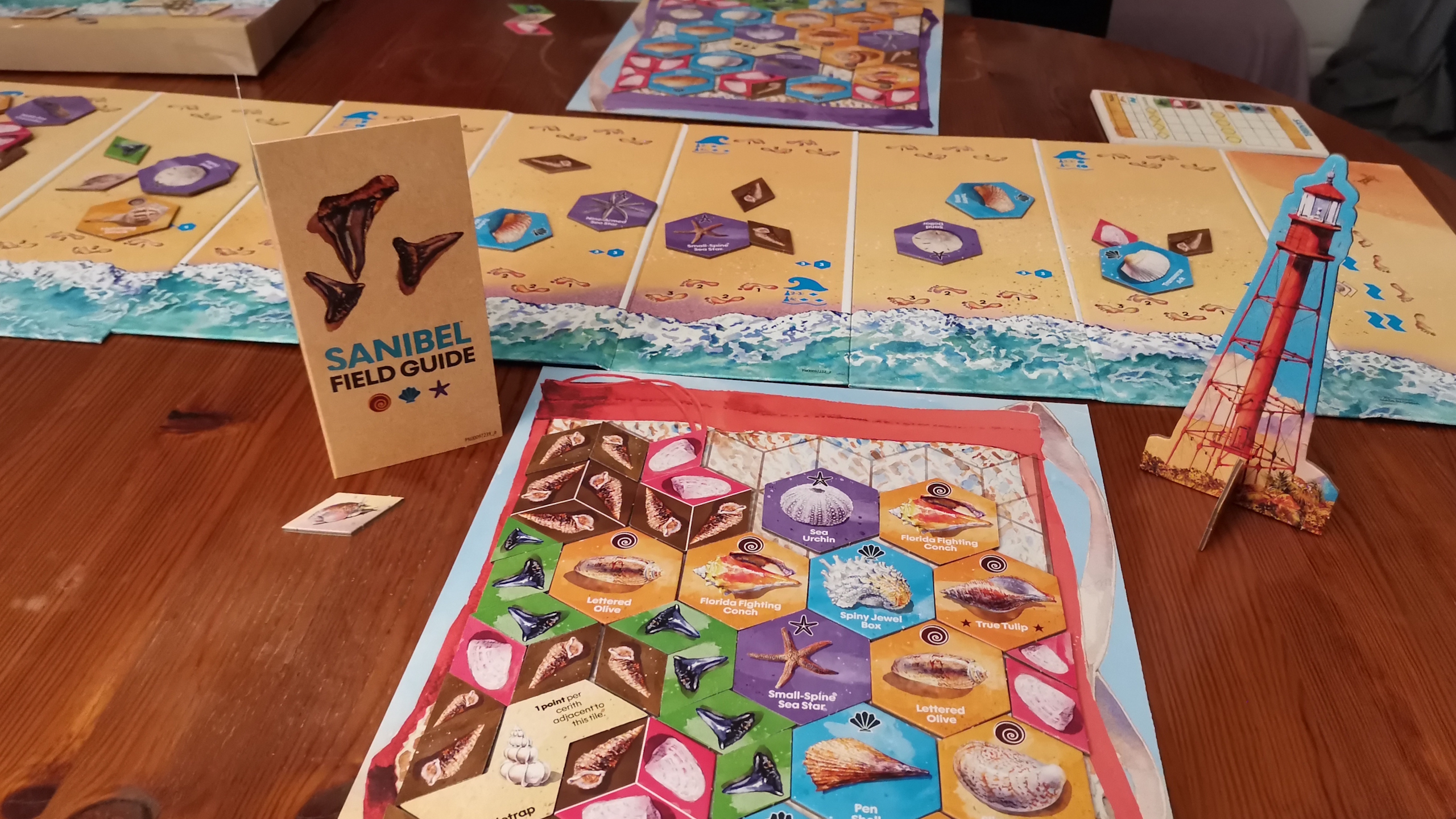 Sanibel board, tokens, and pieces on a wooden surface