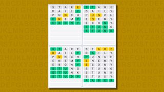 Quordle daily sequence answers for game 610 on a yellow background
