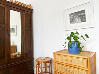 Wicker chest of drawers with blue plant pot and money tree under handing framed photograph