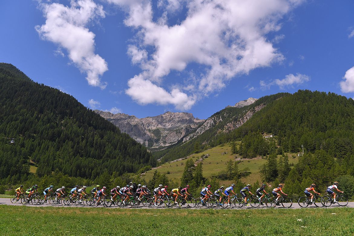 The multi-coloured peloton stands out on the background of the green