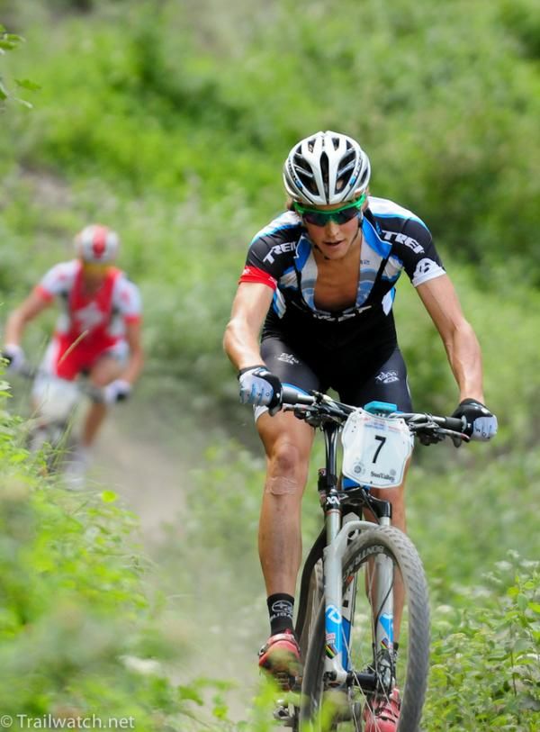 Sam Schultz (Subaru Trek) led Todd Wells on the first descent off the mountain