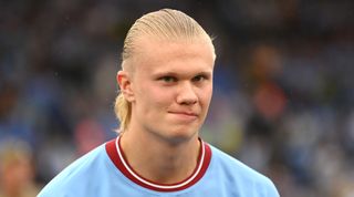 West Ham vs Manchester City live stream | Erling Haaland of Manchester City looks on as the teams line up prior to kick off of The FA Community Shield between Manchester City and Liverpool FC at The King Power Stadium on July 30, 2022 in Leicester, England