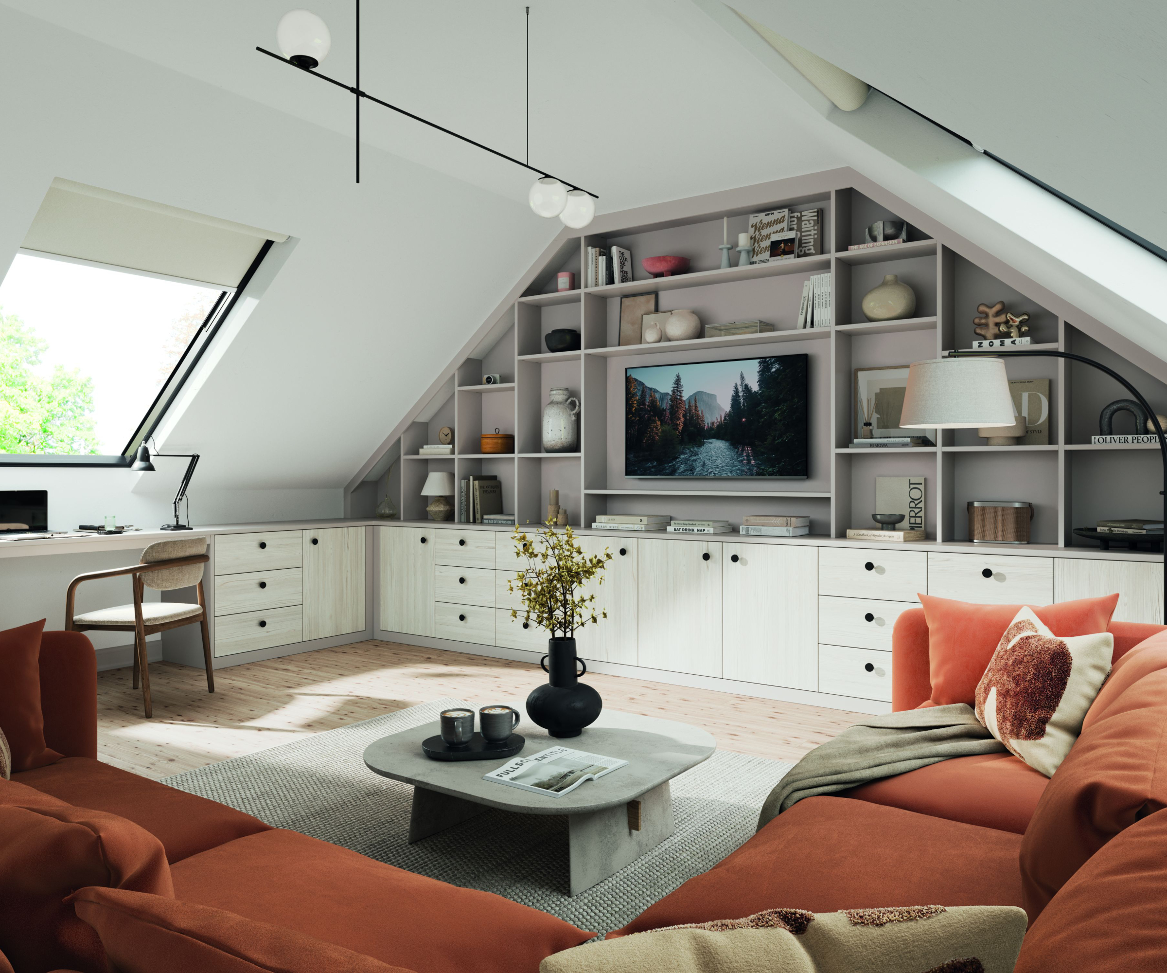 loft conversion living room and home office with velux windows and bespoke media and storage wall built at one end with L shaped orange sofas in front of it