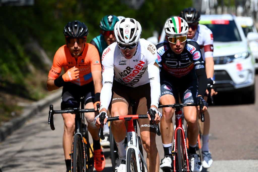 SAN MARTINO DI CASTROZZA ITALY APRIL 18 Geoffrey Bouchard of France and AG2R Citroen Team compete in the breakaway during the 45th Tour of the Alps 2022 Stage 1 a 1609km stage from Cles to PrimieroS Martino di Castrozza 708m TouroftheAlps on April 18 2022 in San Martino di Castrozza Italy Photo by Tim de WaeleGetty Images