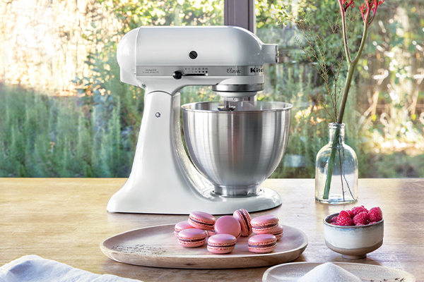 KitchenAid artisan mini stand mixer on kitchen worktop