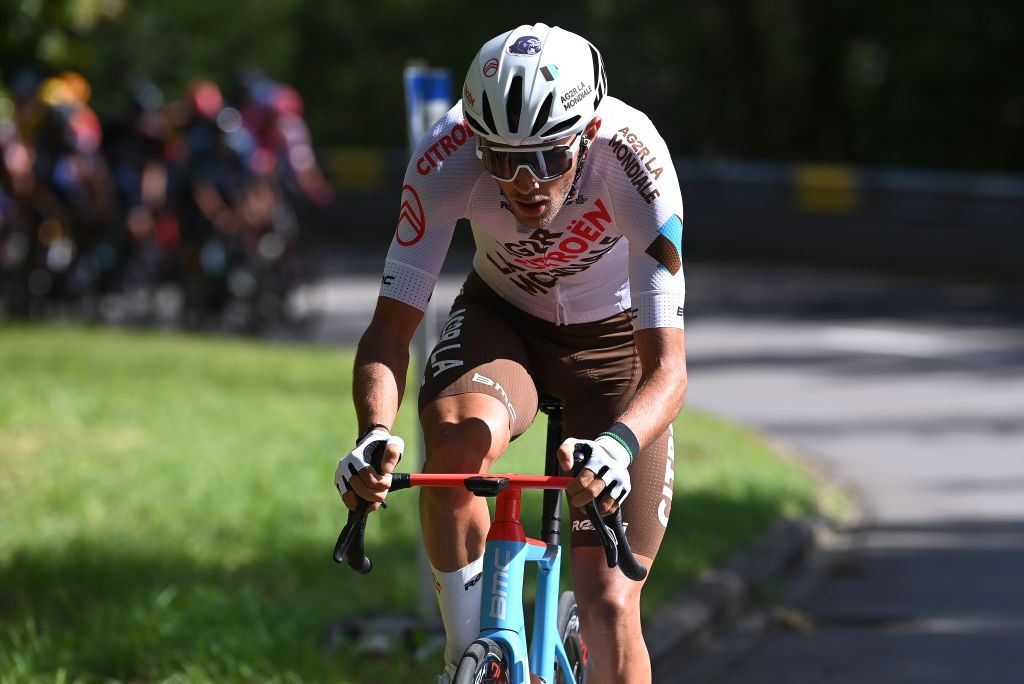 MERTERT LUXEMBOURG SEPTEMBER 22 Bastien Tronchon of France and AG2R Citroen Team attacks during the 83rd Skoda Tour Luxembourg 2023 Stage 3 a 1684km stage from Mertert to Vianden on September 22 2023 in Vianden Luxembourg Photo by Tim de WaeleGetty Images