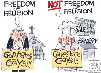 Political cartoon U.S. LGBTQ rights religious freedom wedding cake