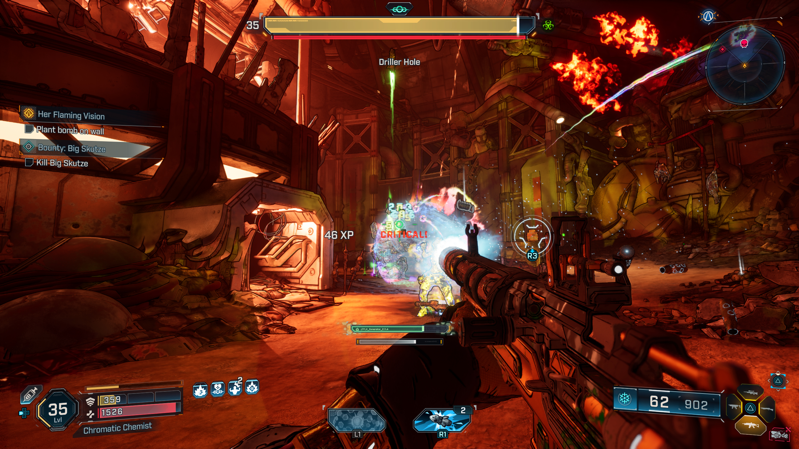 Borderlands 4 Katagawa's Revenge location: A player firing an explosive assault rifle at a large boss named Driller Hole inside a shabby factory.