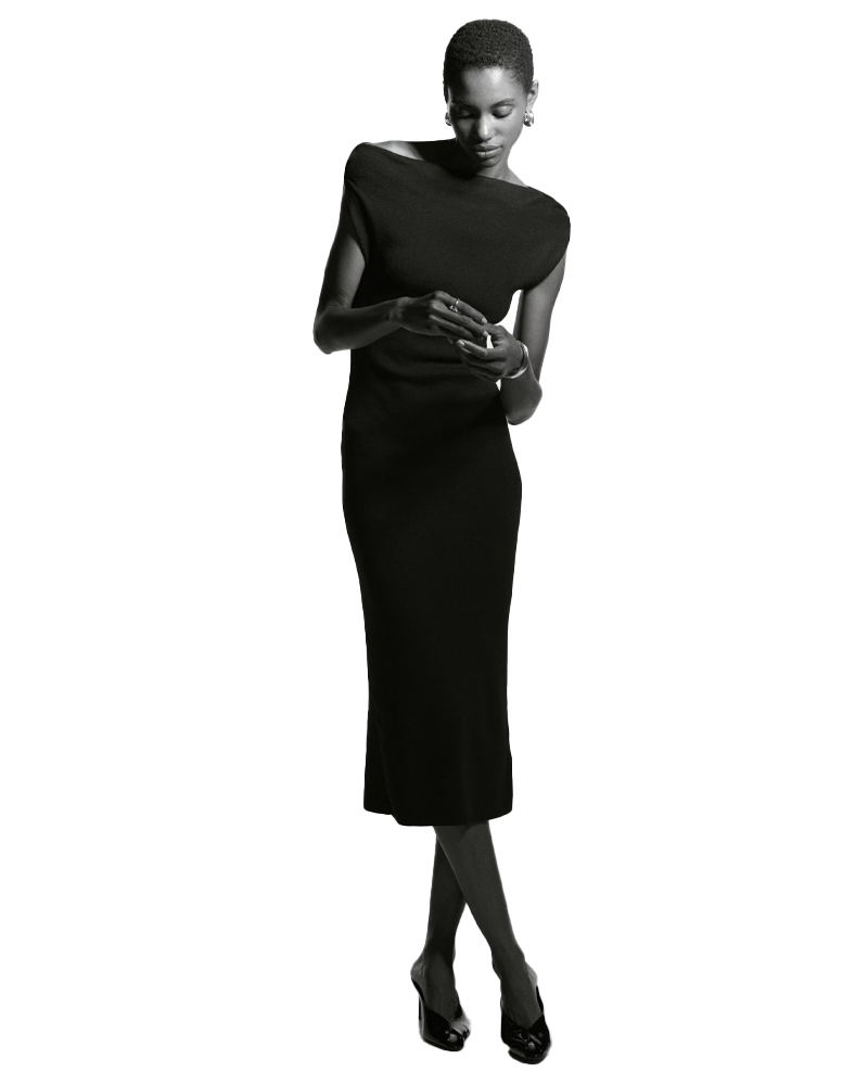 model wearing a long black dress, H&amp;amp;M
