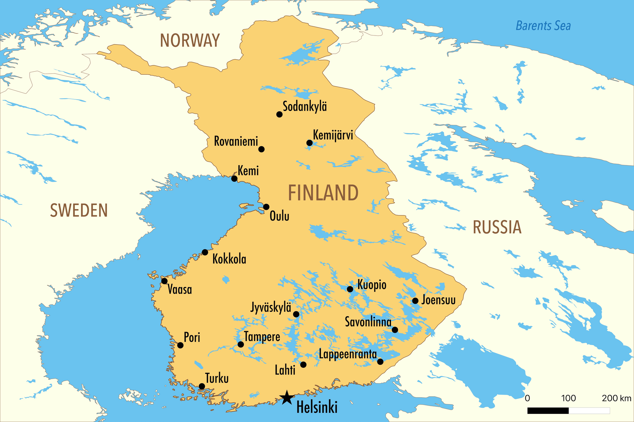 Vector Map of Finland with Major Cities and Neighboring Countries
