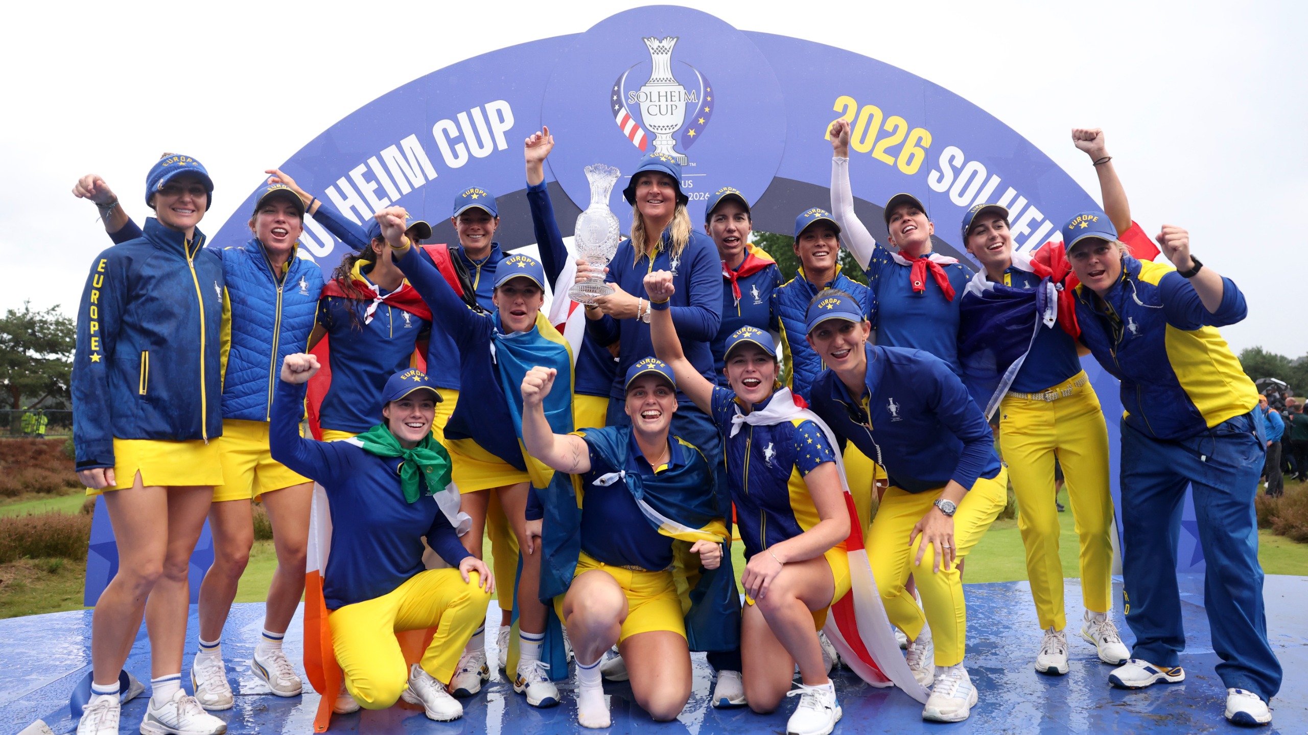 Anna Nordqvist, captain of Team Europe, poses for a photograph with the Solheim Cup trophy and her team, during the 2026 trophy presentation ceremony following a 15-13 victory.