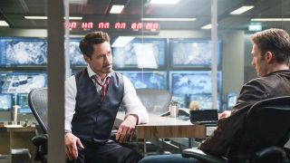 Robert Downey Jr rocking a suit as Tony Stark.