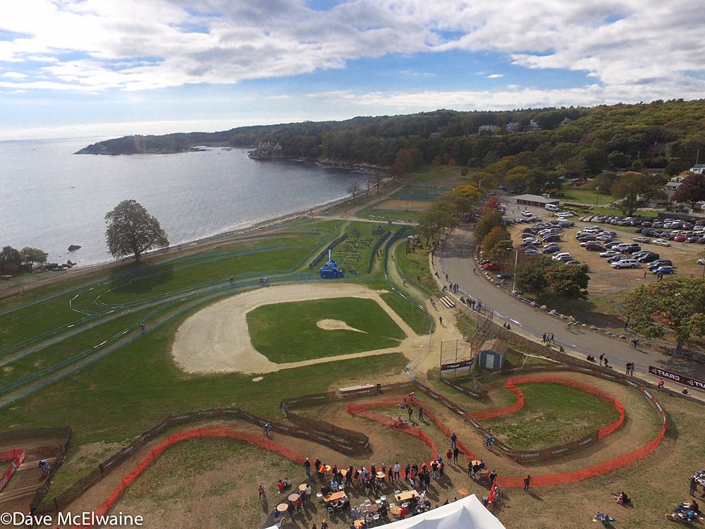 Arial view of Stage Fort Park next to the Atlantic Ocean