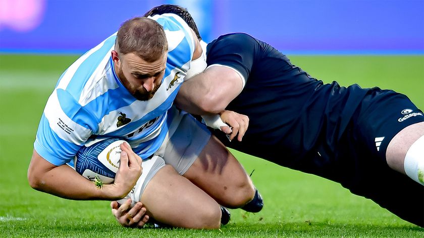 Mayco Vivas of Argentina is tackled by New Zealand’s Simon Parker during their second Rugby Championship 2025 match