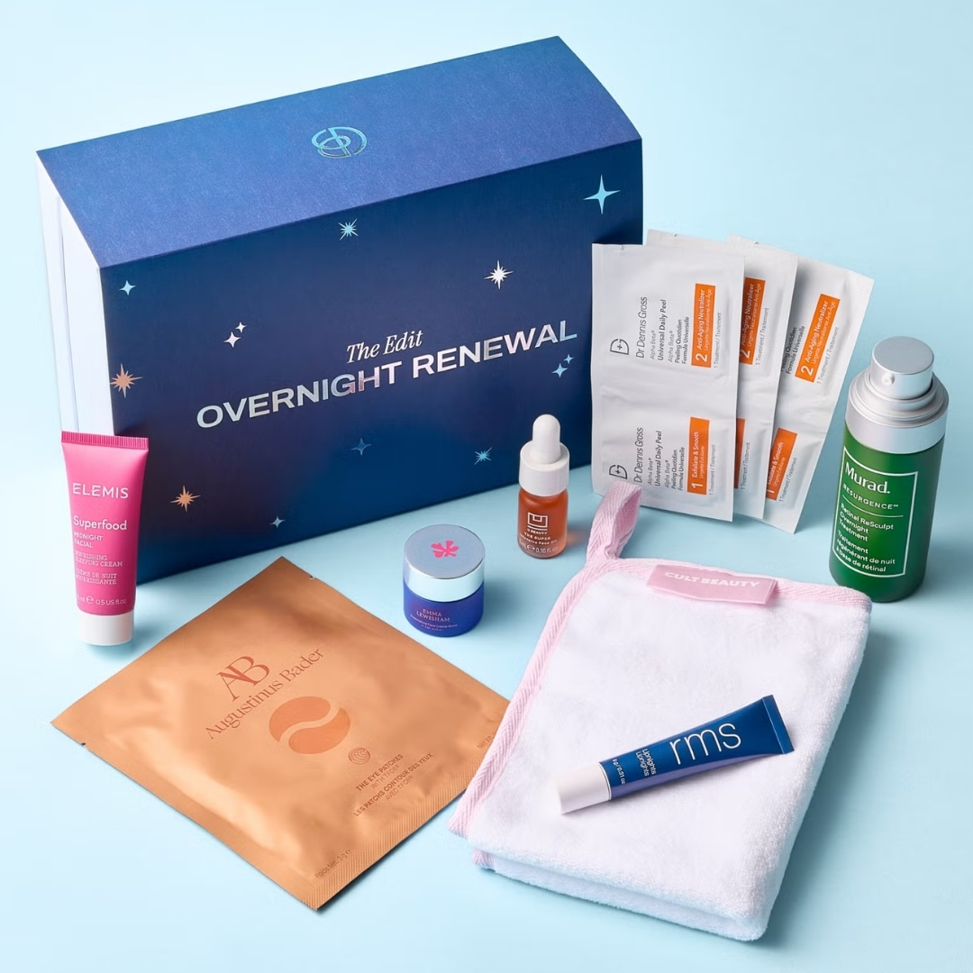 Cult Beauty The Overnight Renewal Edit with its contents in front
