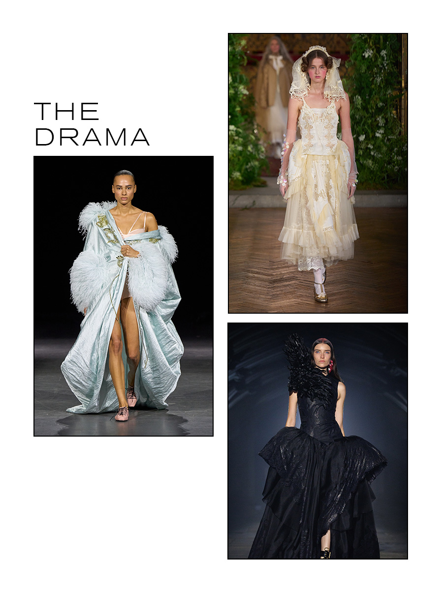 A slide with images from the S/S 27 London Fashion Week shows with the title, "The Drama," representing dramatic fabrics, silhouettes, and design choices.