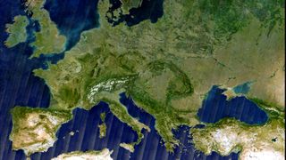 A mosaic of Europe composed of thousands of satellite observations.